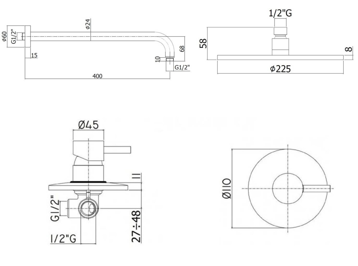 Комплект KITLIG011BO  для душа , со смесителем LIG011BO на 1 выход, душ 225мм, LIGHT,  белый матовый Paffoni - 1 шт