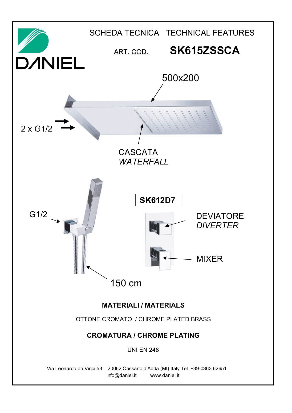 Daniel Skyline, душ. комплект: душ. голов. с кас., встройка, руч. душ с держ., шланг, цвет черн. мат SK615ZSSCA-15