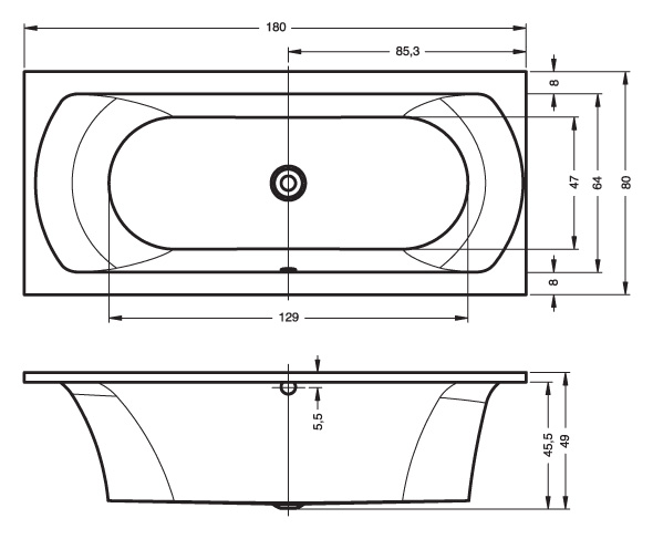 Ванна акриловая RIHO Lima 180x80 R без гидромассажа BB4600500000000