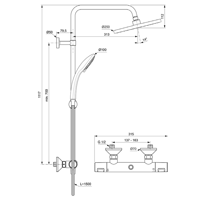 A7627AA Ideal Standard Ceratherm T25 Душевая система с термостатическим смесителем, верхним душем Ø25см, цвет: хром