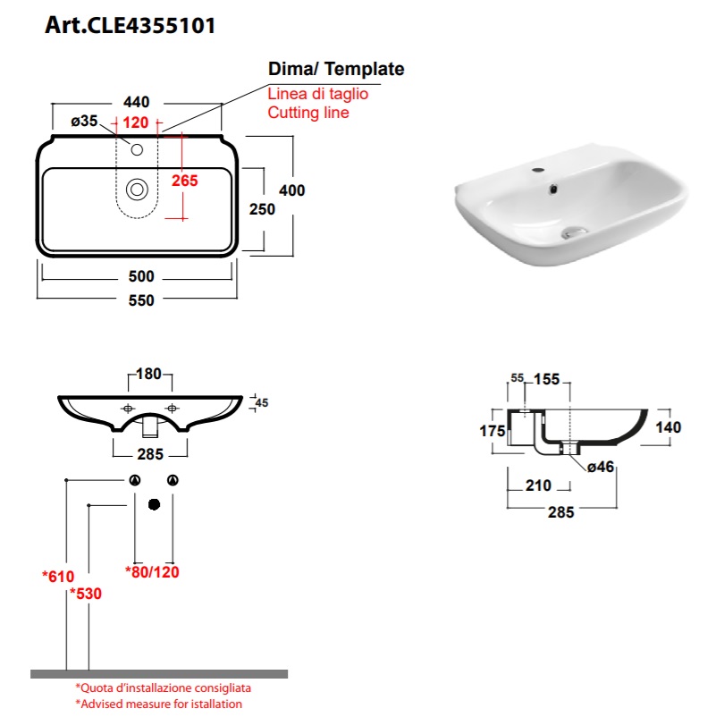 CLE4355101 Olympia Clear раковина подвесная 55х40