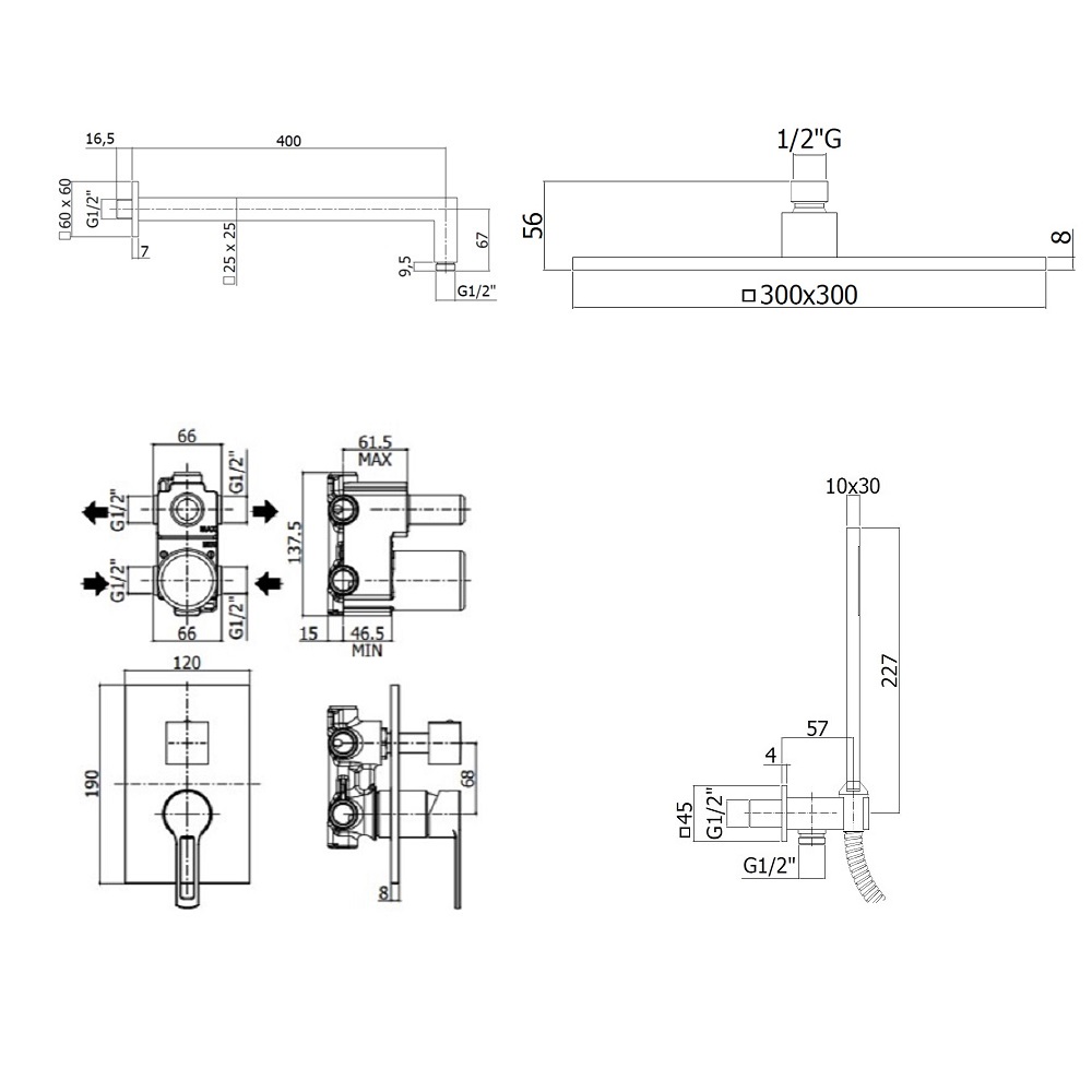 Комплект KITRIN018NO/MKING  для душа со смесителем RIN018NO/M на 2 выхода, душ 300x300 мм