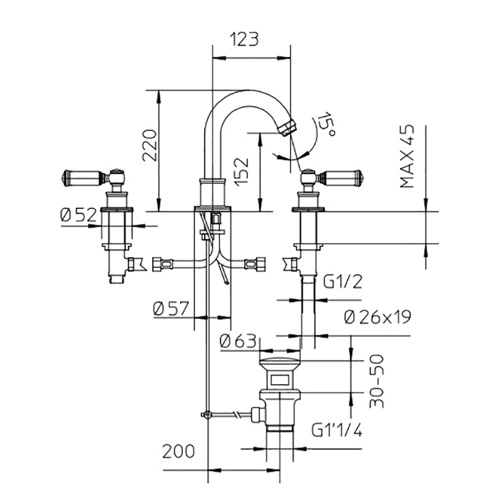 Bossini Liberty Смеситель для раковины на 3 отв., цвет: античная бронза Z001302.022