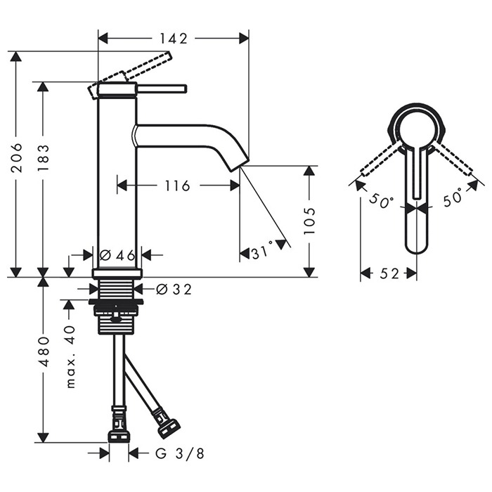 73311670 Hansgrohe Tecturis S Смеситель для раковины, 1 отв., без донного клапана, цвет: чёрный матовый