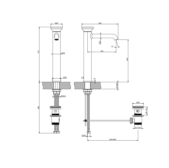 Gessi Origini Смеситель для раковины высокий с донным клапаном, цвет: Finox Brushed Nickel 66003#149