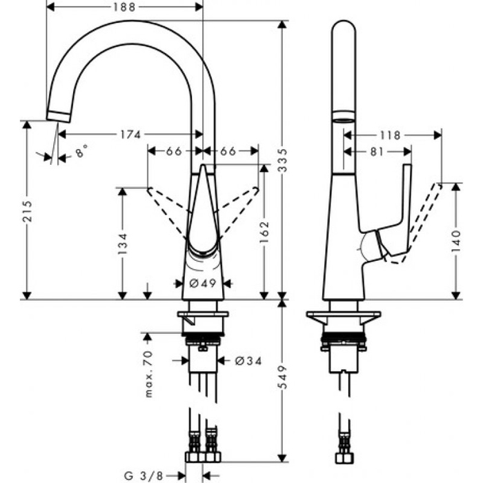 Hansgrohe Talis M51 Смеситель для кухни, на 1 отв однорычажный, поворотный излив 174мм, 1jet, h215мм, цвет: нержавейка 72814800