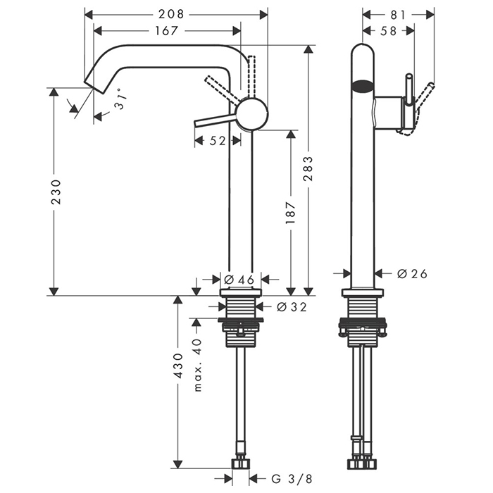 73370670 Hansgrohe Tecturis S Смеситель для раковины, высокий, 1 отв., CoolStart EcoSmart+, с донным клапаном Push-Open, цвет: черный матовый