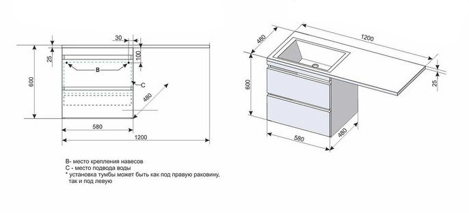 Тумба для раковины подвесная "Даллас 120", Люкс белая, PLUS