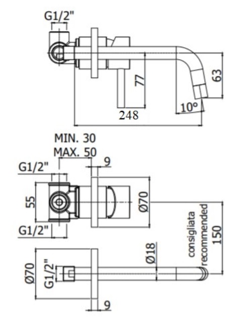 Paffoni LIGHT LIG007HGSP70 Смеситель для раковины встроенный в стену, золото медовое брашированное Paffoni