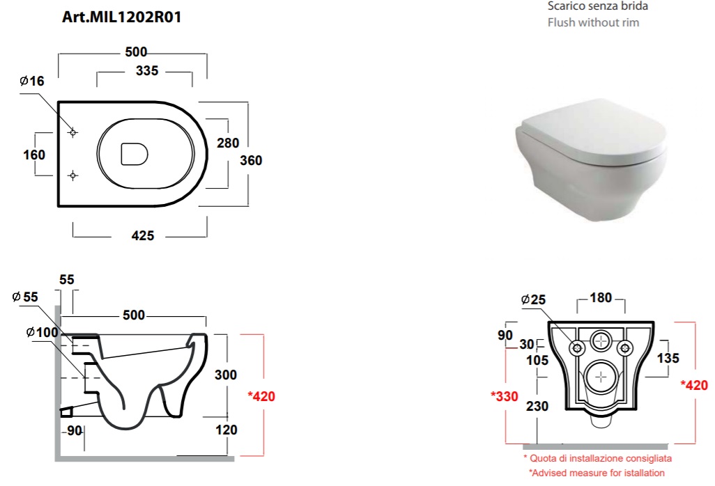 Унитаз подвесной безободковый 50 см Olympia Clear CLE1202R01 с крышкой