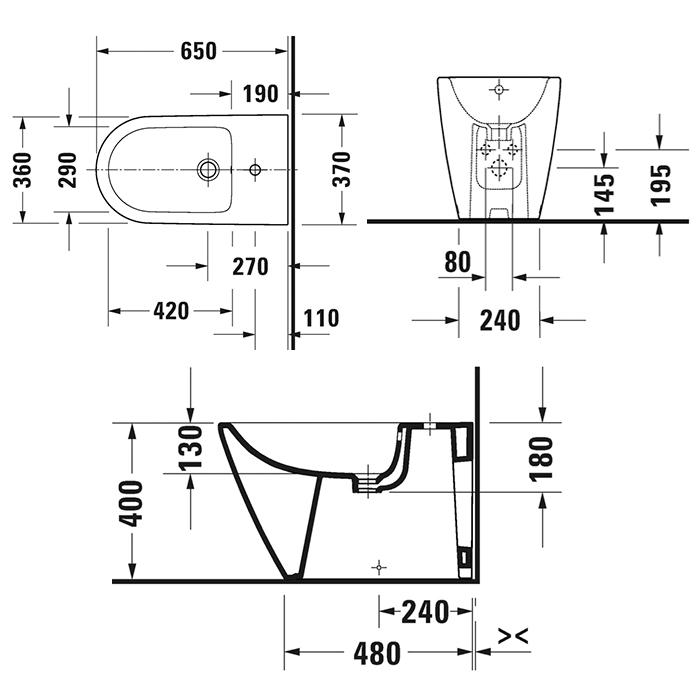 Duravit D-Neo Биде напольное 37x65х40 см, с переливом, с 1 отв., цвет: белый 2294100000