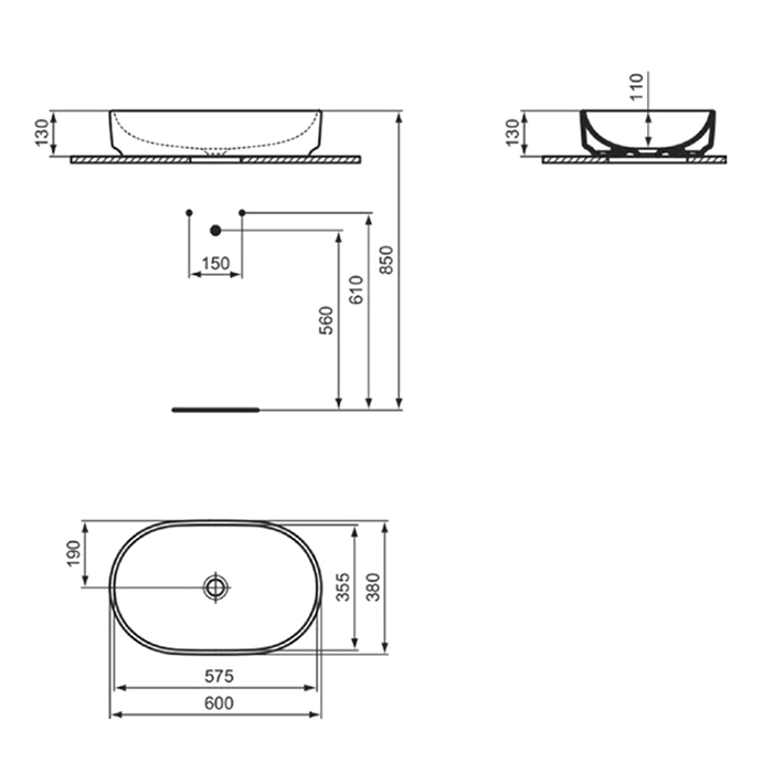 T573101 Ideal Standard i.life O Раковина овальная 60х38см, без отв., без перелива, цвет: белый