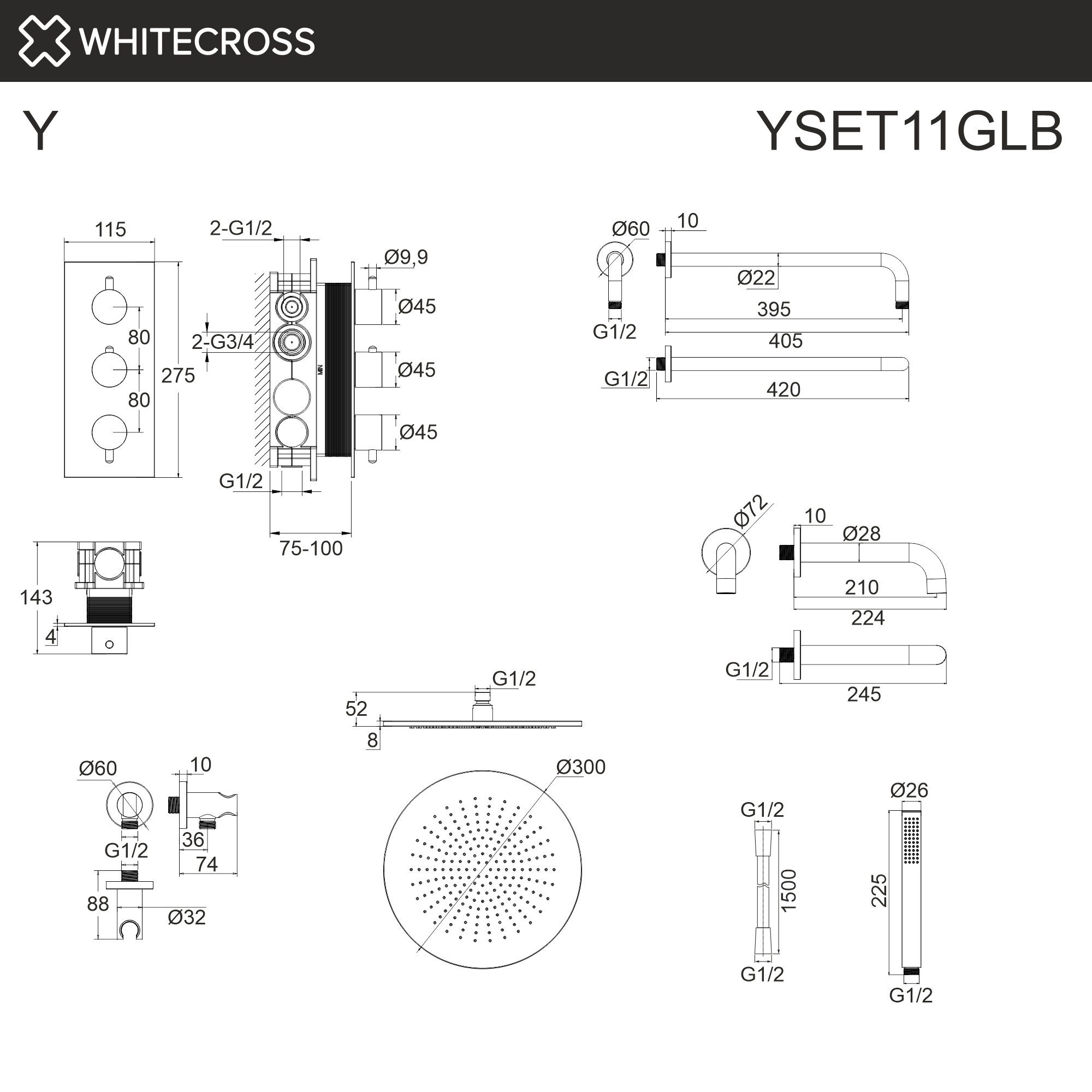 Термостатическая система для ванны скрытого монтажа WHITECROSS YSET11GLB (брашированное золото)