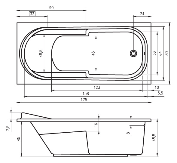 Ванна акриловая RIHO Columbia 175x80 без гидромассажа BA0400500000000
