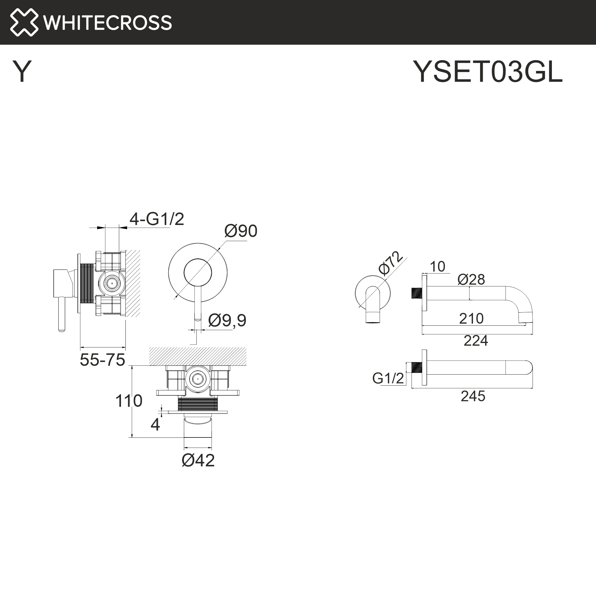 Система для ванны скрытого монтажа WHITECROSS Y YSET03GL (золото)