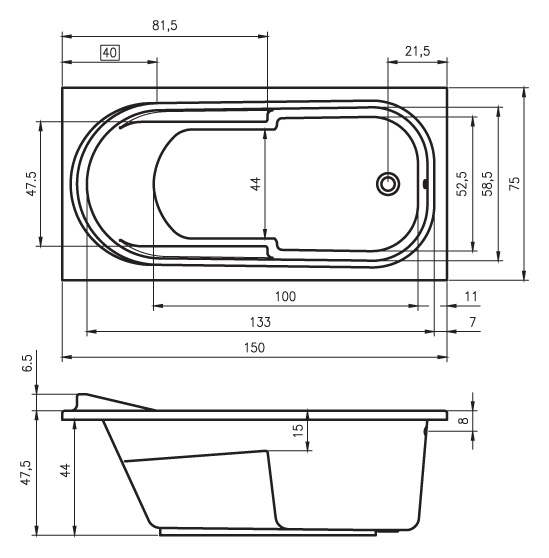Ванна акриловая RIHO Columbia 150x75 без гидромассажа BA0200500000000
