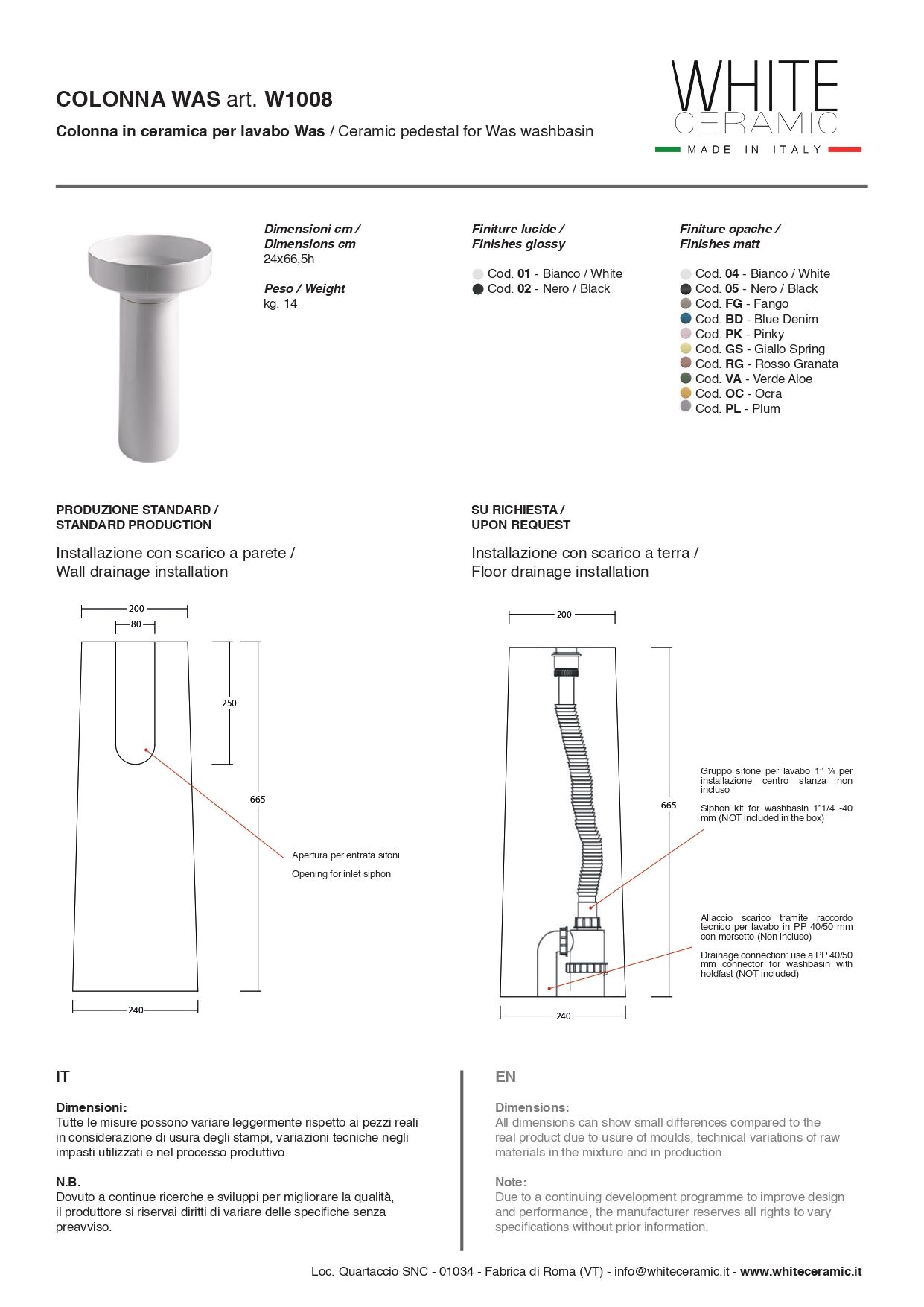 White Ceramic Was, пъедестал 24x66,5h см для круглой раковины, цвет черный матовый W100805