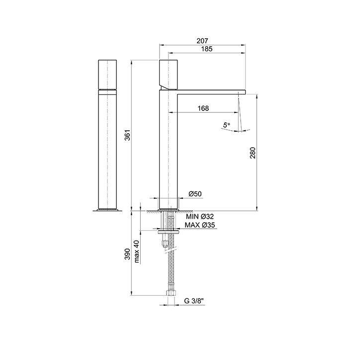 Fantini Milano Смеситель для раковины, 1 отв., излив: 170 мм, цвет: Matt Gun Metal PVD 31 P5 3006WF