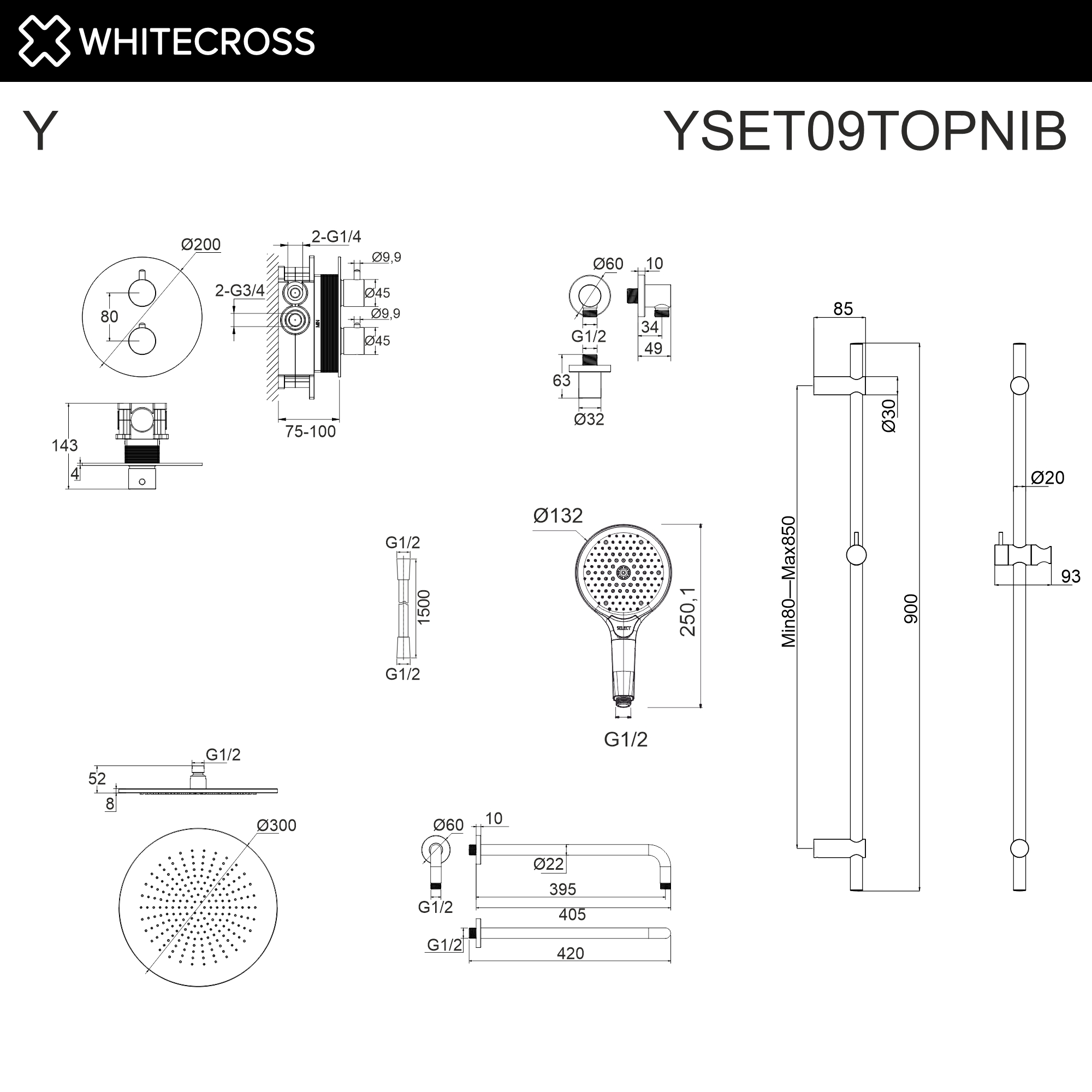 Термостатическая душевая система скрытого монтажа WHITECROSS YSET09TOPNIB (брашированный никель)