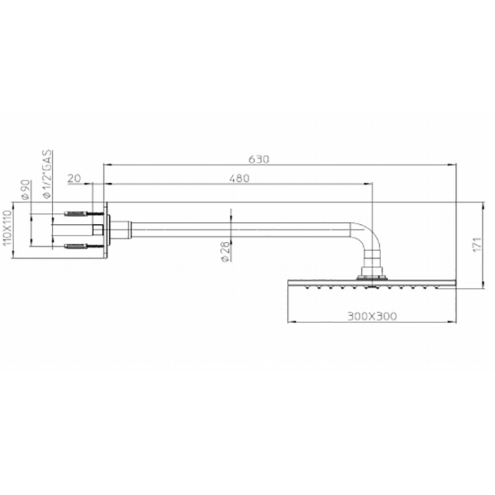 BOSSINI DREAM-CUBE Верхний душ 300 x 300 мм, 1 режим, с держателем d 28 мм, x 400 мм, цвет: хром H75365J.030