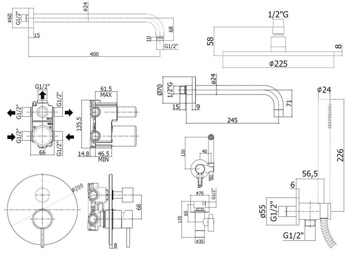 Комплект KITZLIG019CR141 для ванны, с гиген.душем, с изливом 245 мм, смеситель LIG019CR на 3 выхода, душ 225мм, LIGHT, хром Paffoni - 1 шт