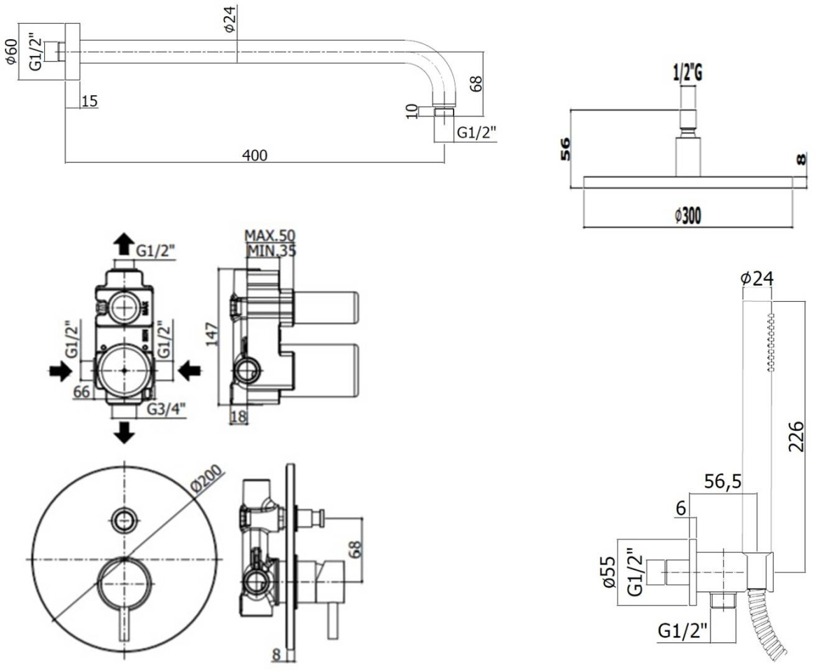 Комплект KITLIG015NOKING  для душа со смесителем LIG015NO на 2 выхода, душ 300мм, LIGHT, черный матовый Paffoni - 1 шт