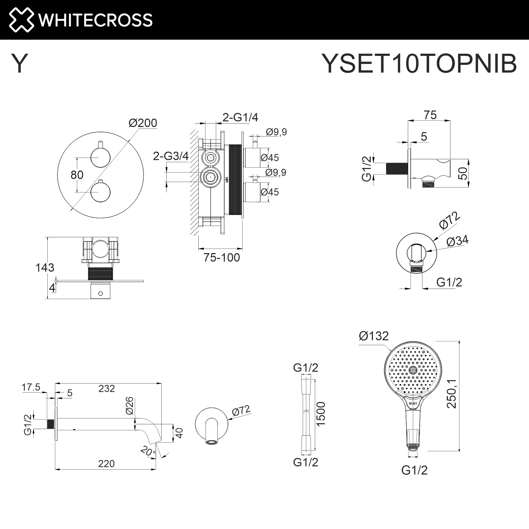 Термостатическая система для ванны скрытого монтажа WHITECROSS YSET10TOPNIB (брашированный никель)