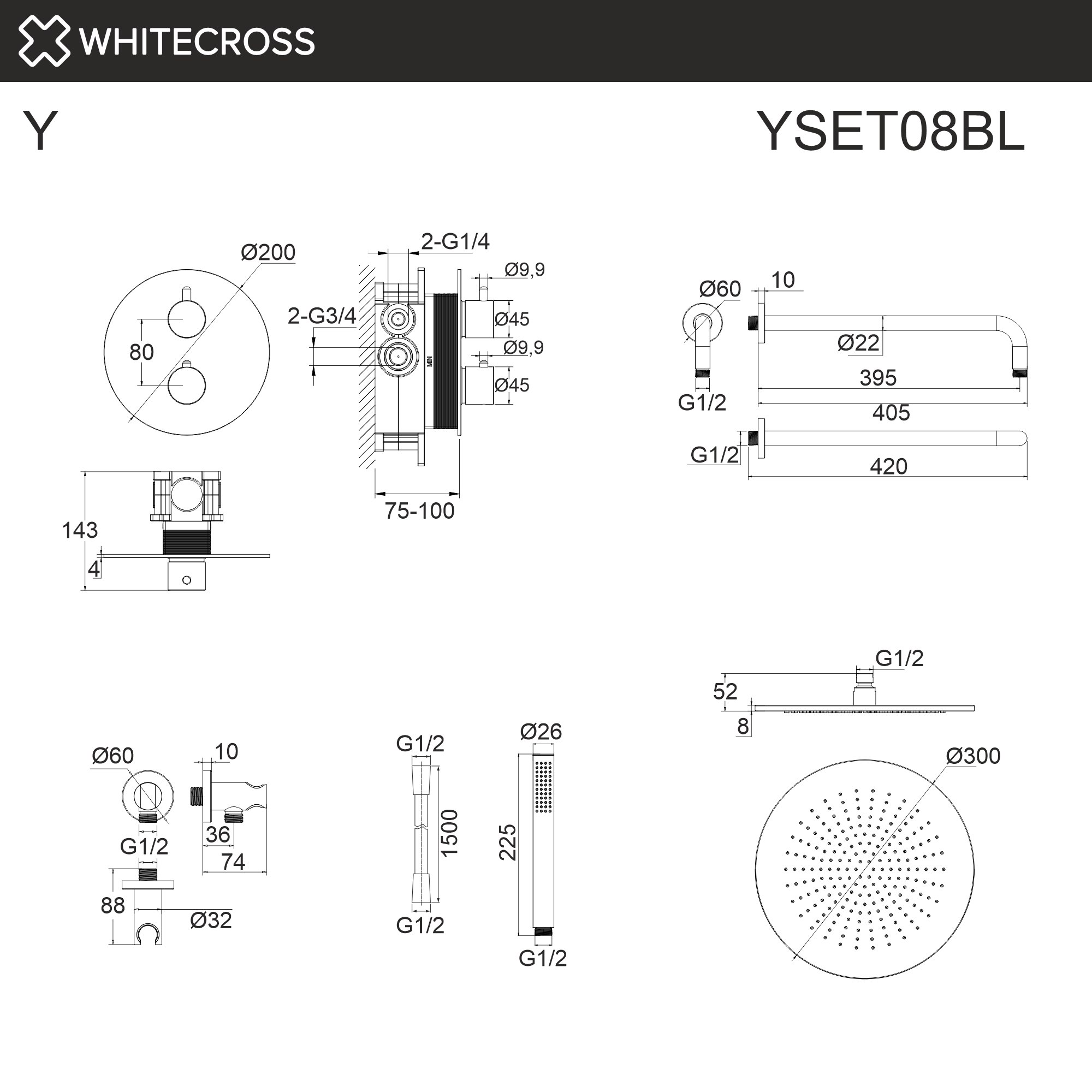 Термостатическая душевая система скрытого монтажа WHITECROSS YSET08BL (черный мат)