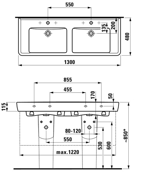 Раковина двойная 1300x480 Laufen Pro A 814967