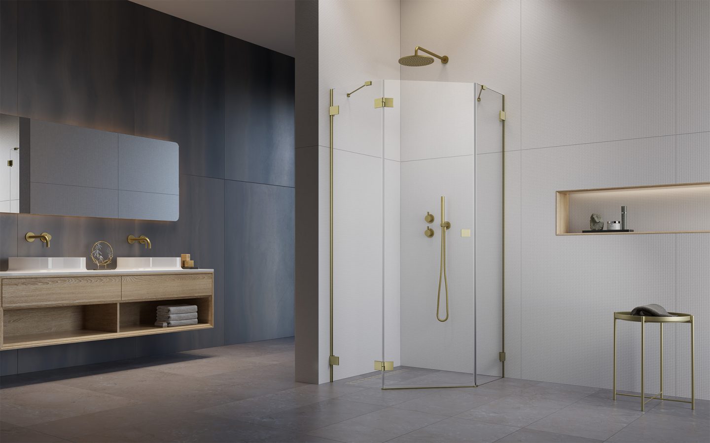 Прямоугольный душевой уголок 90X90 ESSENZA PRO BRUSHED GOLD PTJ золото брашированное