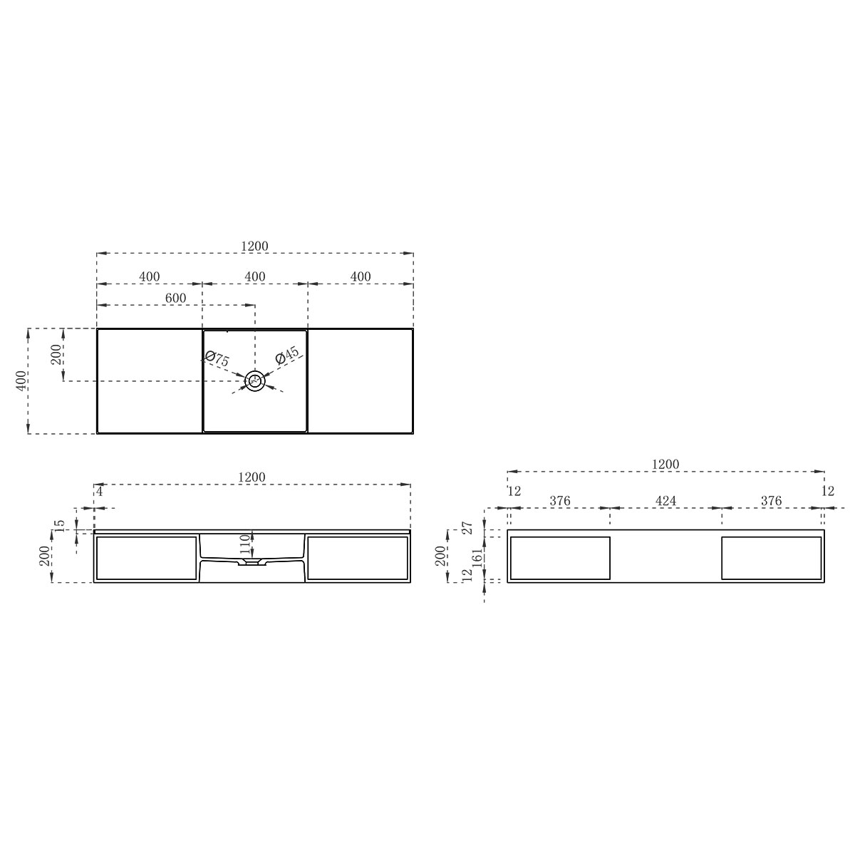 VWB-6S212MW Раковина Solid Surface Vincea  1200*400 подвесная цвет белый матовый