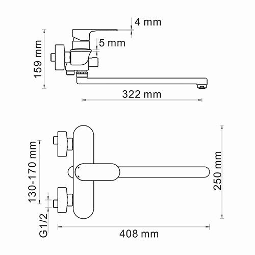 Dinkel 5802L Смеситель для ванны с длинным изливом Размеры (Ш/В/Г): 25х15,9х40,8 см
