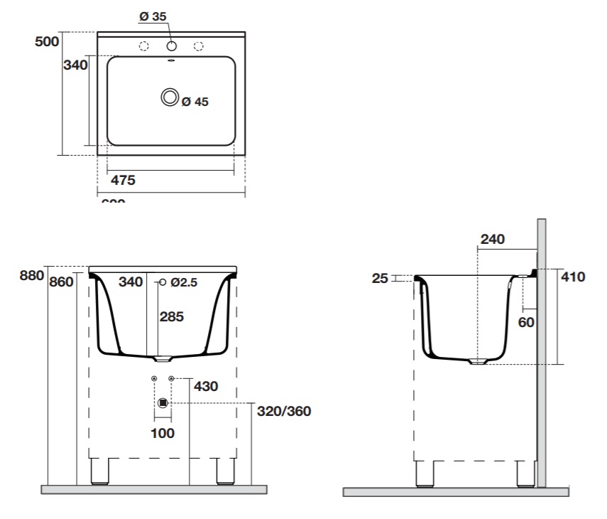 Раковина постирочная 60x50 Kerasan Aquadom 029201 без отверстия