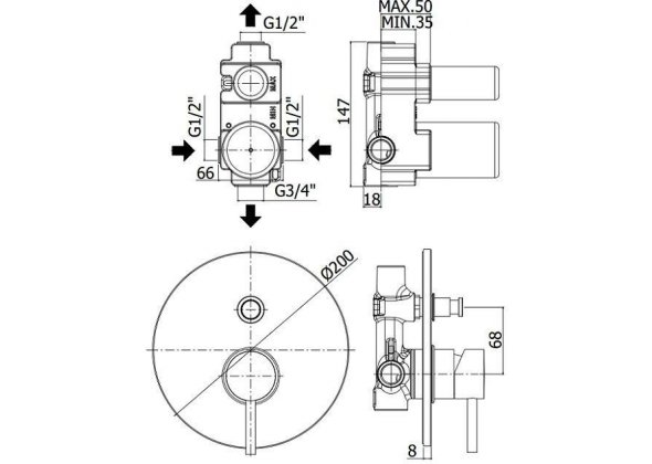 Paffoni LIGHT Смеситель встраиваемый для душа на 2 выхода, Steel looking