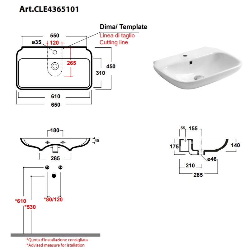 CLE4365101 Olympia Clear раковина подвесная 66х45