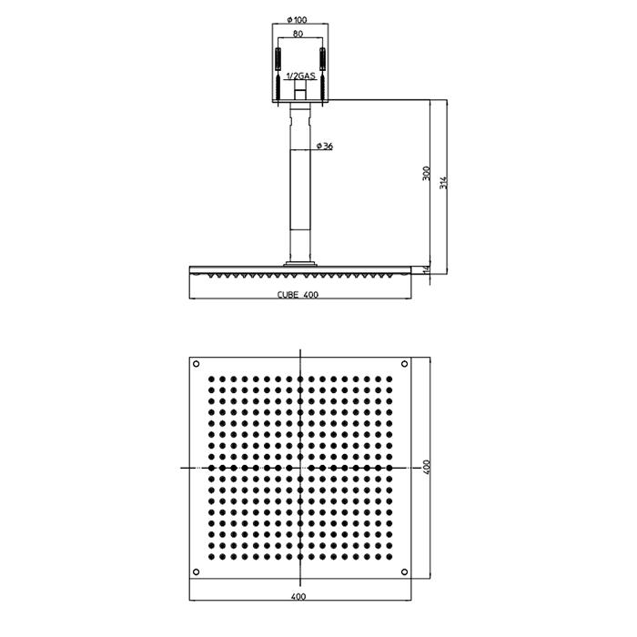 BOSSINI DREAM-CUBE Верхний душ 400 x 400 мм 1 режим - держателем вертикальным 300 x d 36 мм, цвет: хром H35363.030