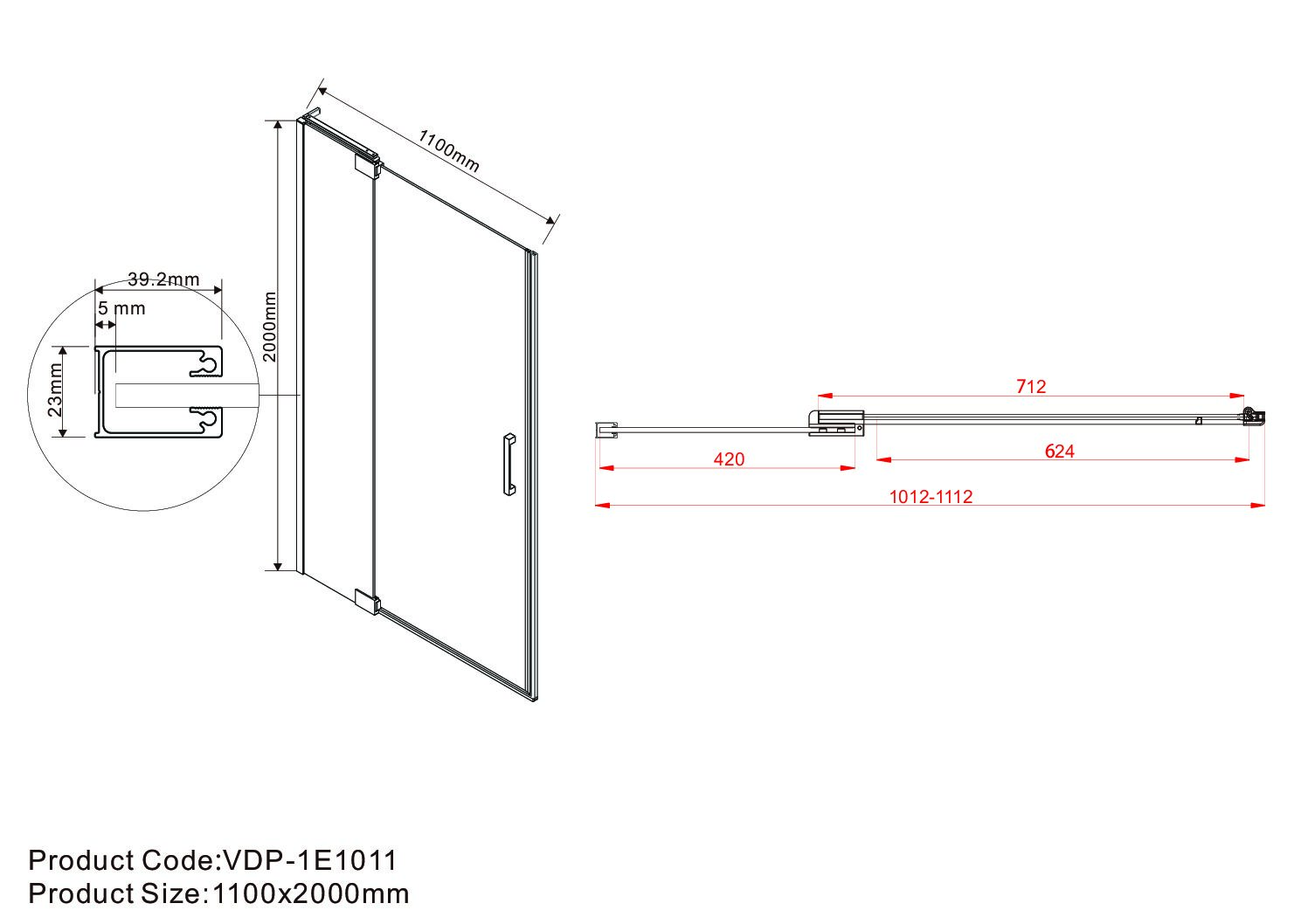 Душевая дверь Extra VDP-1E1011CGB, 1000/1100, черный, стекло тонированное