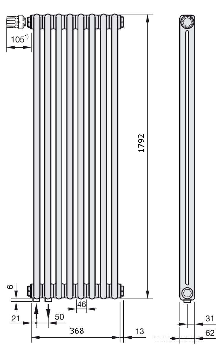 CH 2180-08 V001 Zehnder Charleston Completto радиатор отопления 2-х трубный 1792х368 Ral 9217 Traffic Black (matt) set x2 SMB2T