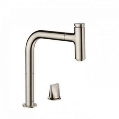 Hansgrohe Metris Select M71 Смеситель для кухни, на 2 отв, поворотный излив: 22.1см с вытяжным душем, 1jet, h:20.8см, sBox, кнопка вкл/выкл, цвет: нержавейка 73804800