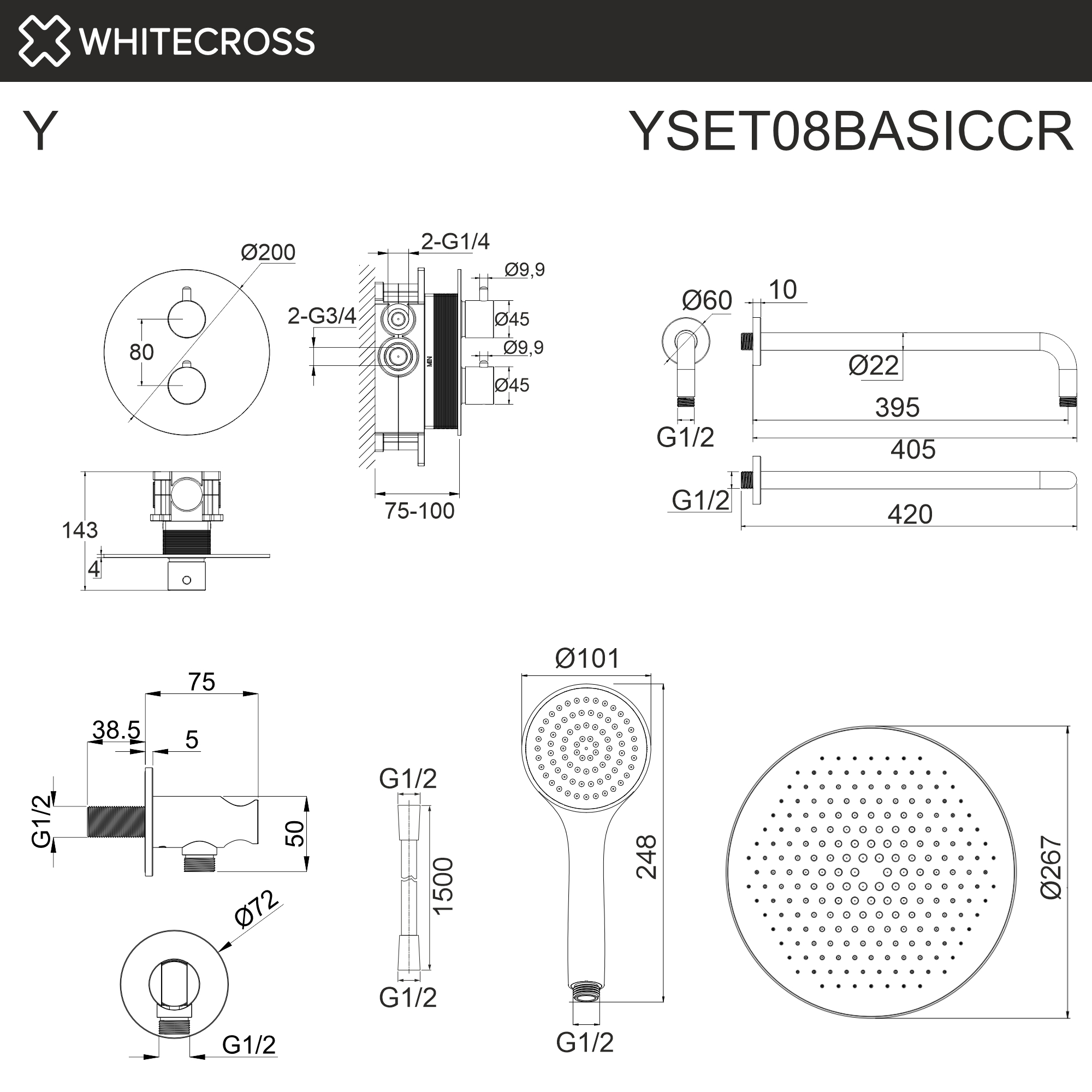 Термостатическая душевая система скрытого монтажа WHITECROSS YSET08BASICCR (хром)