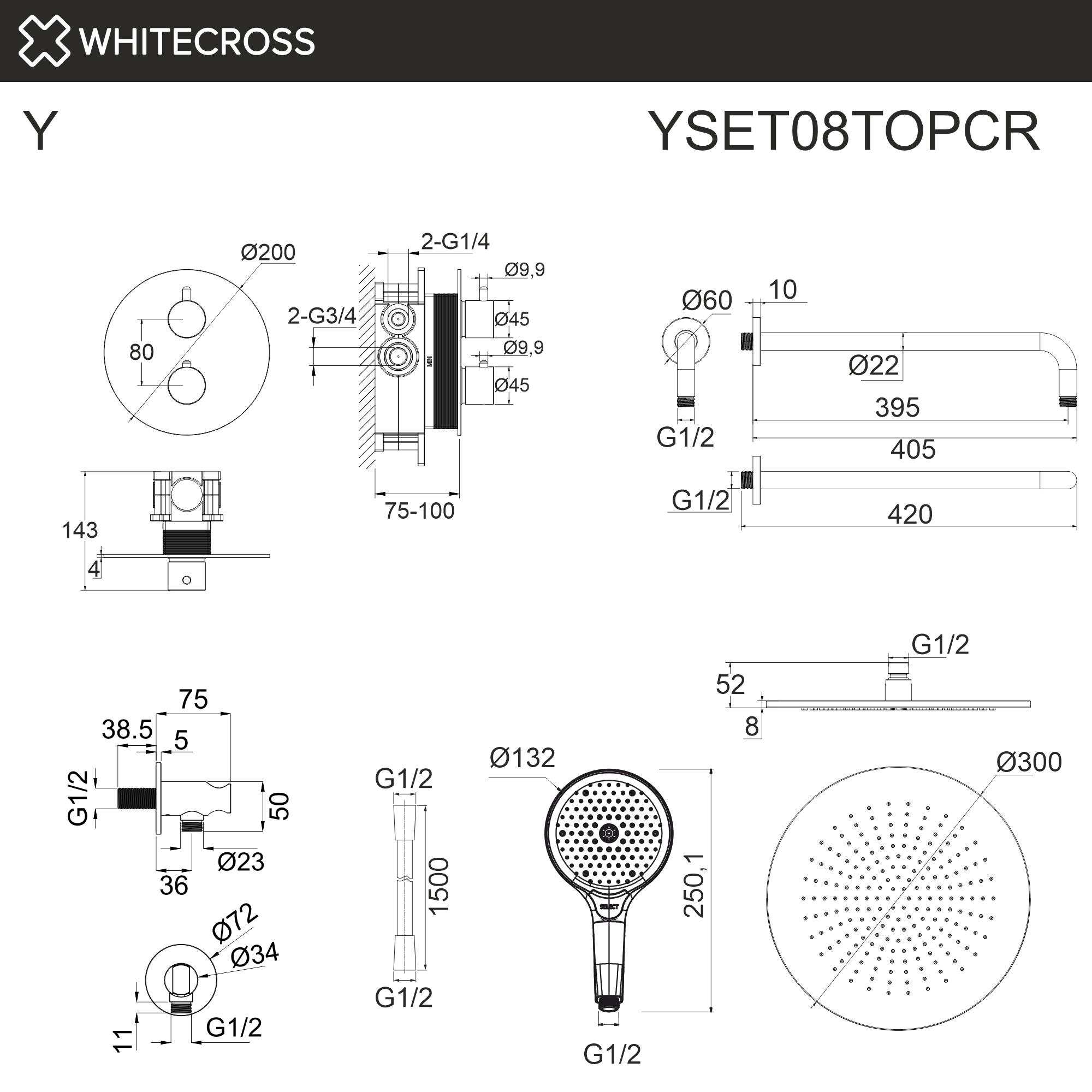 Термостатическая душевая система скрытого монтажа WHITECROSS YSET08TOPCR (хром)