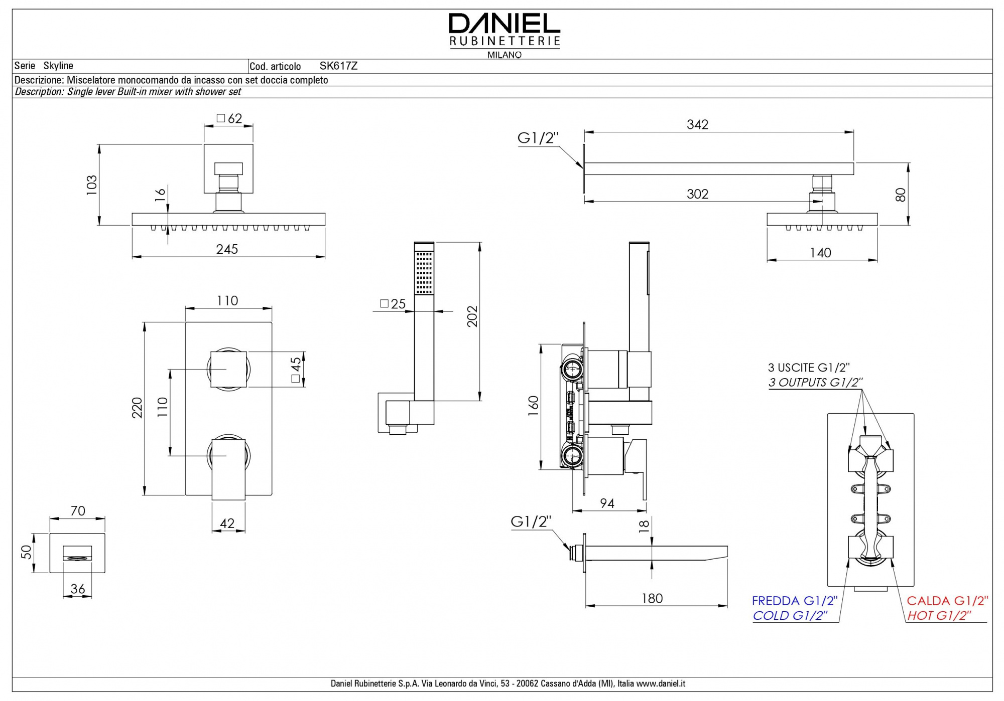 Daniel Skyline, душевой комплект на 3 потребителя, с квадратным изливом, прямоугольным верхним душем 24х14 см и кронштейном 30 см, цвет золото SK617Z-DO